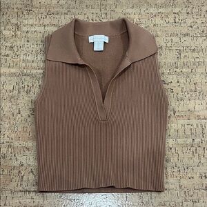 House of Harlow Sleeveless Ribbed Polo Tank Top - Brown